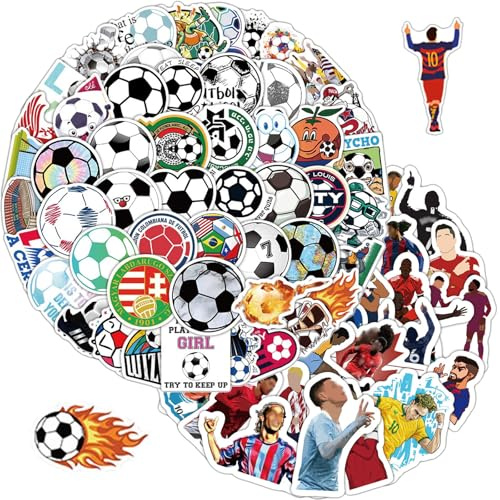 ZenyTra 110 Stück Fußball Sticker Set, 60 Cartoon Fußball & 50 Fußballstar Aufkleber, wasserdichte Vinyl Sticker für Laptop, Wasserflasche, Skateboard, Koffer, Helm, Fahrrad