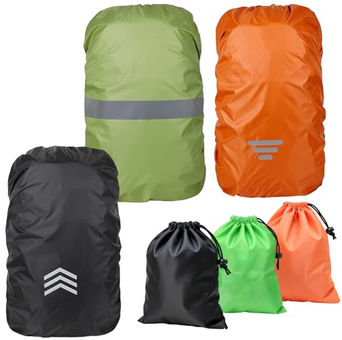 3er-Pack Wasserdichte Rucksackhüllen (Grün, Orange, Schwarz), Regencape Rucksack, Geeignet für Rucksäcke mit 30-40 L Volumen, Mit Reflektorstreifen, Inklusive Aufbewahrungstaschen