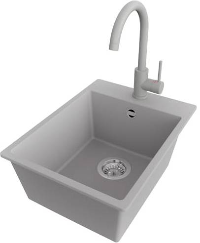 PRIMAGRAN Granitspüle ab 40er Unterschrank + Küchenarmatur, 38x50cm | Set: Küchenarmatur BW5010 + Ablauf-Set (Siphon, Ablaufgarnitur, Überlauf) + Spülbecken 1 Becken - Riga, Grau
