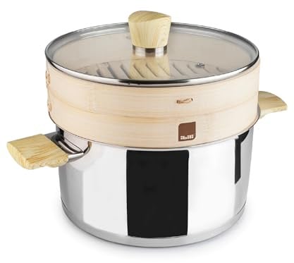 IBILI - Set Olla + Vaporera Sanna 22 Cm, Acero Inoxidable, Cestillo Bambu, Apta para induccion