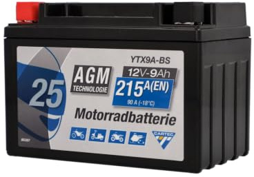 CARTEC YTX9A-BS AGM Motorradbatterie 9Ah 170A, wartungsfrei, auslaufsicher, vibrationsfest, hohe Kaltstartleistung, vorgeladen & versiegelt, für Motorrad, Roller, Scooter & Quad