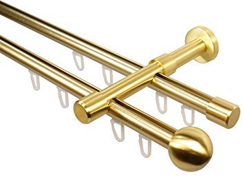 Messing Optik Innenlauf Gardinenstange 2-läufig 16 mm mit Endstück Kugel, 480 cm (3 x 160 cm)