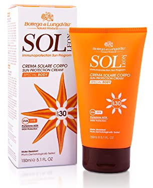 Bottega di LungaVita Natural Products SOL LEON SOLARE KÖRPER SPF30 - Sonnencreme für den Körper mit sehr hohem Schutz, Formel zur Vorbeugung und Bekämpfung - Tube 150 ml