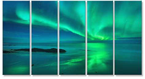 islandburner Bild Bilder auf Leinwand Aurora auf dem Meer. Nordlichter in Lofoten-Inseln, Norwegen. Sternenhimmel mit Polarlichtern. Nacht Wandbild, Poster, Leinwandbild JTW