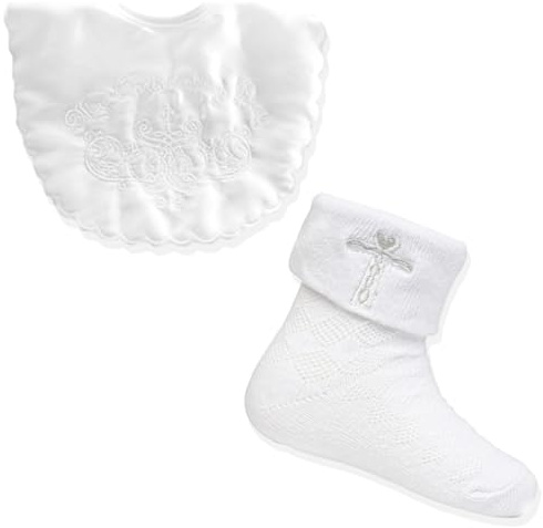 Baby Togs Christening Set Bib Socks Baptism Gift Set | White Baby Christening and Baptism Gift Set, Bib and Socks for Boys or Girls, 0-6 and 6-12 Months