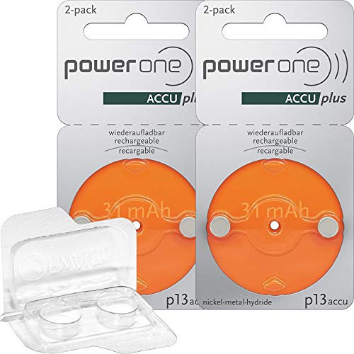 4X Für PowerOne accu Orange 13 Hörgeräteakku (2X 2er Blister) + EWANTO Aufbewahrungsbox für Zwei Akkus