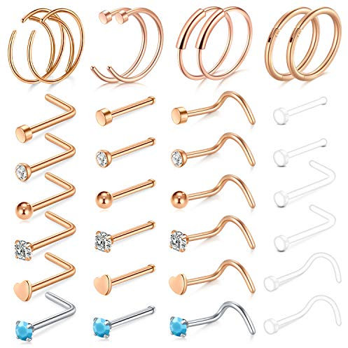AceFun 20G Nose Rings Stud Nose Rings Hoop C-Shaped Stainless Steel Rose Gold Nose Piercing L-Shaped Tragus Cartilage Hoop Piercing 32pcs