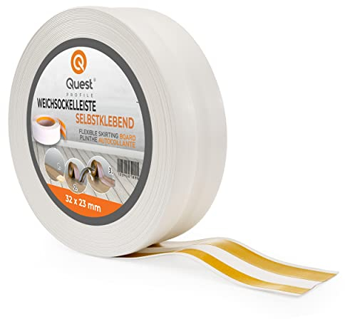 Quest Weichsockelleiste Selbstklebend, PVC Sockelleiste, Abschlussleiste - 32 mm x 23 mm - Flexible Knickleiste für Innenbereich, Wand, Boden - Dicht, Dekorativ - 25 Meter, Weiß