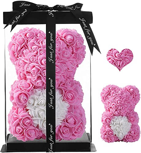 Ruiuzioong Rose Bear flower Rose Teddy Bear Hand Made Foam Rose Flower Bear with Gift Box - Best Gift for Valentines Day, Mothers Day, Wedding, Anniversary, Birthday (Pink)