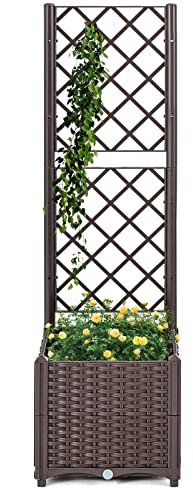 GOPLUS Jardinière avec Treillis avec Système d'Arrosage Automatique,Jardinière Surélevée avec Trous de Drainage, Boîte de Plantation Résistant, pour Jardin, Terrasse, Marron (40x40x135cm)