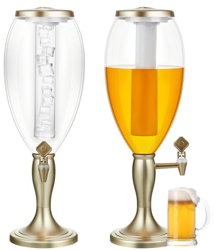 Irenare 2 Pack Beer Dispenser 5L/169oz Beer Beverage Dispenser with Ice Tube Mimosa Margarita Tower with Spigot for Game Oktoberfest Party Home Bar Drink Champagne Gold