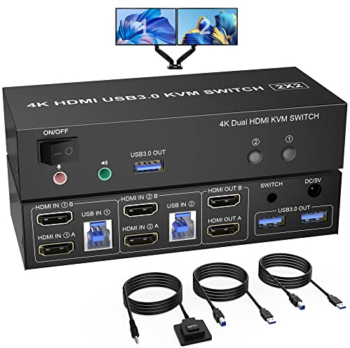 KVM Switch 2 PC 2 Monitore USB 3.0, 4K@60Hz HDMI KVM Switch 2 PC 2 Monitore mit Audiomikrofonausgang und 3 USB 3.0 Ports, PC Monitor Keyboard Mouse Switcher
