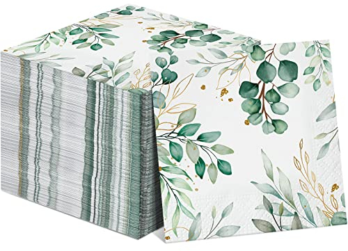 100 Stück Eukalyptus-Servietten, 3-lagig, Einweg-Eukalyptusblatt-Papier, grüne Blätter, Gästehandtücher, Cocktail-Servietten, Geburtstag, Babyparty (16.5x16.5 cm gefaltet)