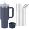 Moollyfox 1200 ML Tasse Isotherme à Double Paroi en Acier Inoxydable avec Poignée Tasse à Café Voyage Voiture avec Paille en Acier Inoxydable et Couvercle en Silicone Gris fFoncé