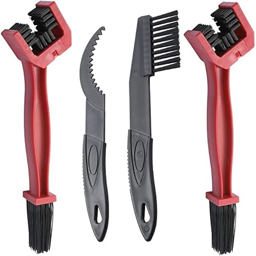 Bike Motorcycle Chain Cleaner Brush(PACK OF 4),3 IN 1 Durable Bicycle Chain Gears Maintenance Cleaning Brush All Type Chain SET(RED) Scraper