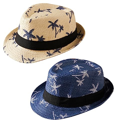 Maeau Chapeau de Paille Plage Enfant Garçon Fille Chapeau de Jazz Beige Été Panama Trilby Fedora 1 2 3 Ans Casquette de Soleil Bébé Anti UV Imprimé Chapeau de Cowboy en Paille Voyage Vacances 54cm