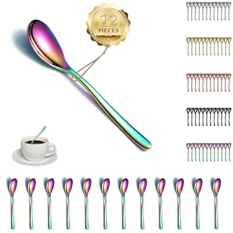 Kyraton cucharas de café arco iris 12 piezas 14cm, cuchara de té de acero inoxidable, cuchara de postre, cucharas de mocca para el hogar, restaurante, hotel, apto para lavavajillas