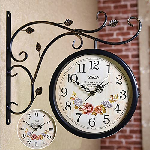 GagalU Bahnhofsuhr Doppelseitige Wanduhr Retro-Bahnhofsuhr für den Außenbereich, Vintage-Halter im Antik-Look Bahnhofsuhr für den Innengarten, Alte Bahnhofsuhr A