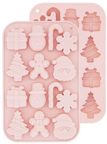 ALLY-MAGIC Christmas Silicone Mold, 14 Cavities Christmas Tree Snowman Shapes Cake Mould Chocolate Candy Pan Soap Moulds for Christmas Xmas New Year Cake Decoration Y6-14LSDMJ(Pink)