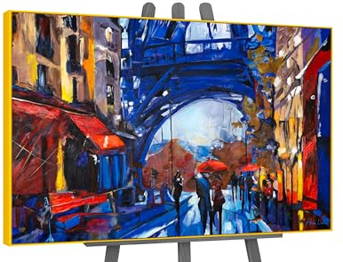 YS-Art Abstrakt Acryl Gemälde auf Leinwand Straßen von Paris handgemalt Wandbilder Wohnzimmer modern Wohndekor Bild echtes Kunstwerk blau 140x100 cm
