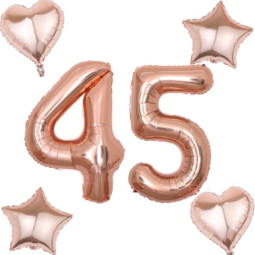 Rosegold Luftballons Zahl 45+4 pcs herz/stern Folienballon Zahl 45 .Geburtstag frau mädchen,45 Riesenzahl Ballons 45 .geburtstagsdeko frauen,Zahlenballon 45, Helium Ballons 45 Zahlen Luftballon