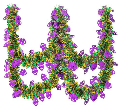 Gloreyan Lametta-Girlande, 90 cm, Lila, Grün, Gold, Metallic, Twist-Folie, Lametta-Girlande, glänzend, Glitzer, hängende Girlande für Karneval, Party, Innen- und Außendekoration