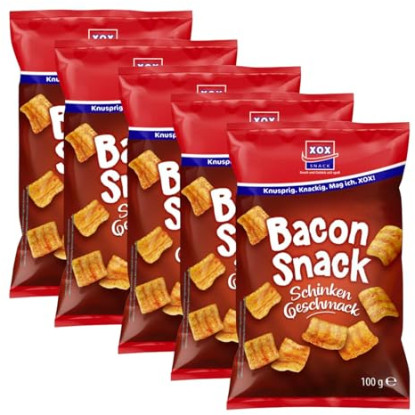XOX Bacon Snack 100g | Knuspriger Genuss, herzhaft kräftiger Schinken Geschmack inkl. Zama4Zingo Karte (5er Pack)