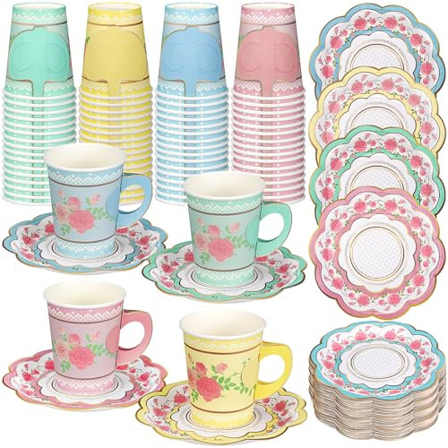 FillTouch 200 Pcs Floral Paper Tea Cups and Saucers Set, Severs 100 Disposable Paper Tea Party Supplies 9 oz with Handle and Saucer for Birthday Wedding Party Decorations