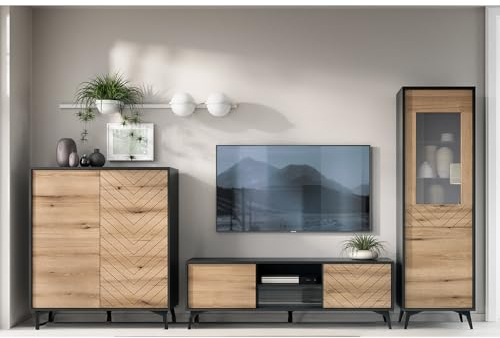 Lomadox Wohnwand Schrankwand Anbauwand Wohnzimmer Set modern 3-teilig schwarz mit Eiche Highboard TV Lowboard Vitrine