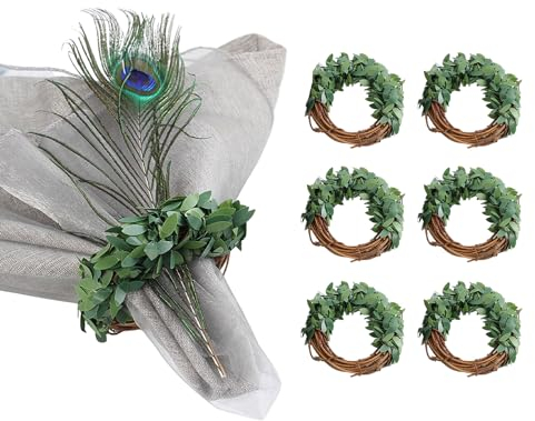 Serviettenringe, Set mit 6 Serviettenringen mit Künstlichem Eukalyptusblatt, Rustikale Eukalyptus-Serviettenringe, Grüne Serviettenhalter für Frühling, Sommer, Familienessen, Ostern, Hochzeiten, Party