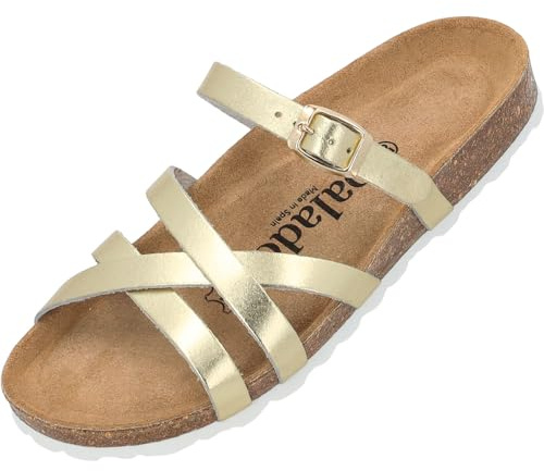 Palado Damen Pantoletten Cruisi Premium Leather - bequeme Sandalen Made in Spain - Hausschuhe mit Kork-Fußbett - elegante Sommerschuhe Gold Metallic UK5,5 - EU38