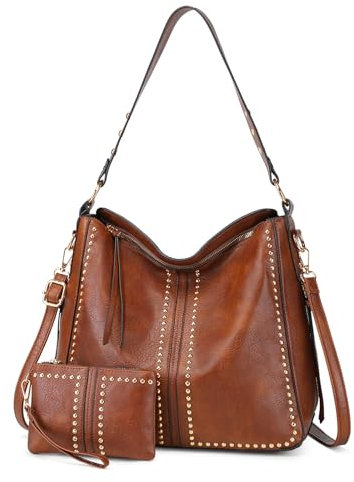 VINBAGGE Handtasche Damen Shopper PU Leder Tasche Vintage Schultertasche Umhängetasche Geldbörse Hobo Henkeltasche Frauen für Büro Schule Einkauf Reise - Set 2pcs Braun