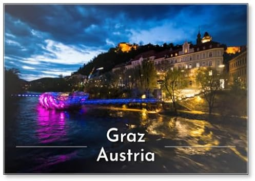 Kühlschrankmagnet Graz in Österreich bei Nacht mit Insel in der Mur