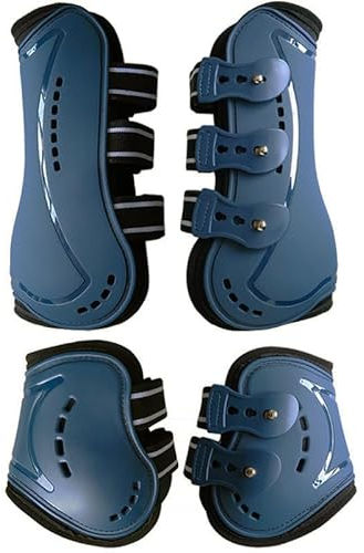 Merauno® Gamaschen & Streichkappen, 4er Set Gamaschen Pferdesehne Bandage mit Robust Elastisch, PU Shell, Neopren atmungsaktiven Löchern für Springen, Reiten, Events (L, Marineblau)