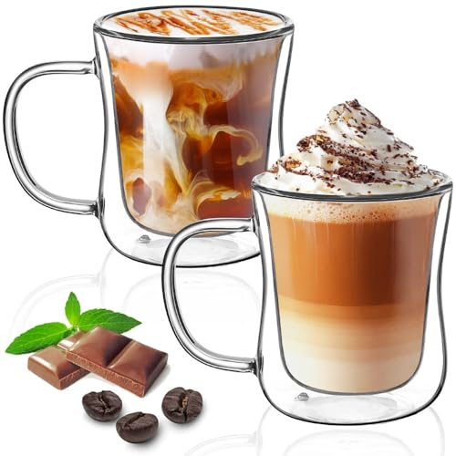 TKNO 2 Pack 350ml Double Walled Coffee Glasses Mugs Cappuccino Latte Macchiato Glasses Cups with Handle, Borosilicate Heat Resistant Glass Cups for Coffee Tea Milk Juice Ice Cream, Hot & Cold Drinks,