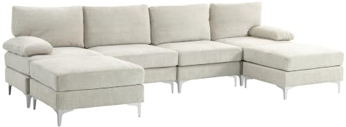 HOMCOM 4-Sitzer Sofa mit 2 Fußhockern und Arm- und Rückenkissen, Sofa mit Halbinsel in Chenille-Effekt Stoff, 313x149x88 cm, Weiß-Creme