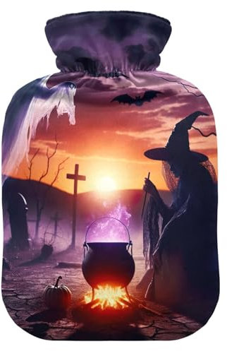 Halloween Witch Bat Hot Water Bottle with Soft Cover Feet and Bed Warmer Hot Water Bag for Pain Relief, 1 Liters