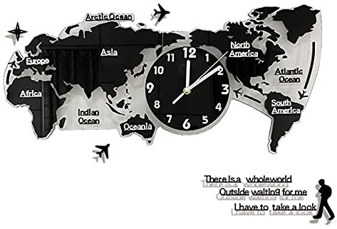 NNYCC Große Weltkarte Wanduhr, Moderne Acryl Hängende Stille Uhr Kunst Wand Dekor für Wohnzimmer Schlafzimmer Heimbüro,Schwarz,L