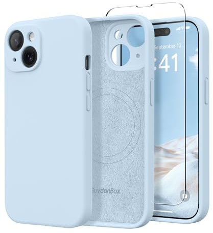 SuydanBox Magnetic for iPhone 15 Case, Compatible with MagSafe, [Screen Protector + Full Camera Protection], Silicone Shockproof Anti-Scratch Protective Phone Case for iPhone 15 6.1, Light Blue