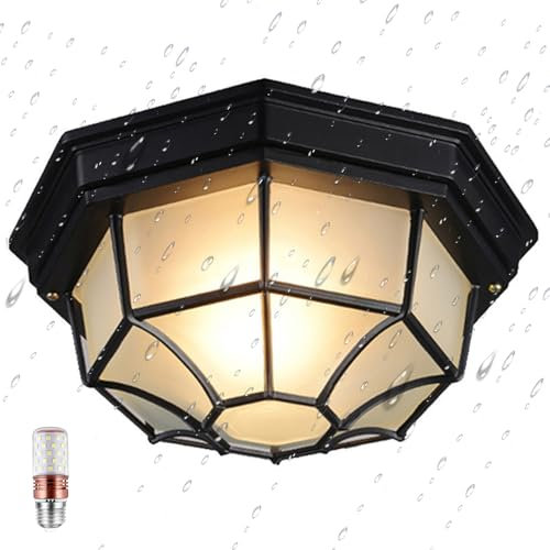 KZT E27 Antik Deckenbeleuchtung, IP54 Wasserdichte Retro Deckenleuchte, Lampenschirm aus Mattglas Retro Flurlampe für Flur Restaurant Wohnzimmer Küche Büro 30cm Schwarze
