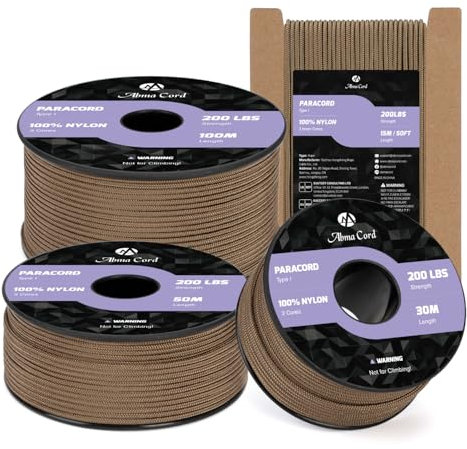 Abma Cord Paracorde 2mm 50m Corde Nylon 3 Brins Type I pour Bricolage, Camping, Extérieur - Max. 90kg (200lbs) - Marron Boueux