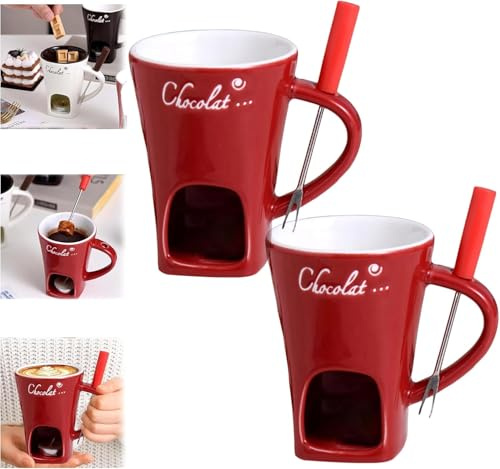 Schokofondue Tasse,200ml Keramik Schokoladenfondue Set,Becher zum Schmelzen von Schokolade,Fondue Set Mit Gabel Und Teelicht für Käse Schokolade Butter Karamell (2pcs-C, A)