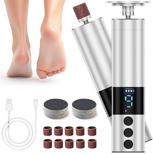 COSICOSY 2 in 1 Electric Foot Callus Remover for Feet&Nails, Rechargeable Electric Foot File with 30 Heads, Foot Grinder for Hard Skin, 9 Adjustable Speeds, 1200mAh Pedicure Tool for Men Women, Silver
