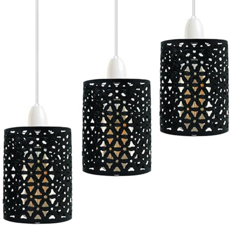 3 Pack of Pendant Light Shade Black Metal Drum Shaped Lampshade Industrial Easy fit Ceiling Indoor Wire cage Lampshade for Kitchen Living Room Corridor(3 Pack - Black)