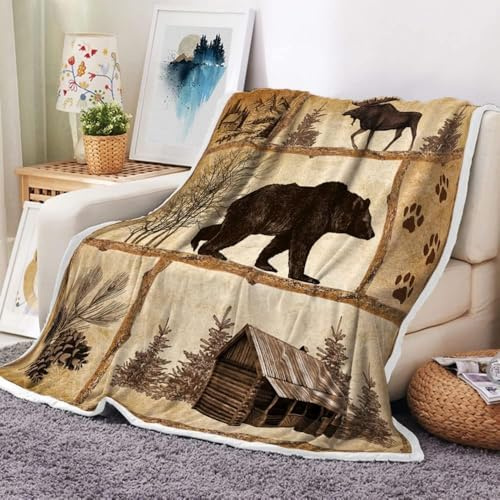 Bzhilja Rustikale Hütten-Überwurfdecke, Bauernhaus, Landhausstil, antiker Bär, Elch, Wald, Vintage, Holz, gemütlich, warm, Bett, Couch, Decke, Jagd, Camping, weißes Fleece-Flanell, Überwurf, um das