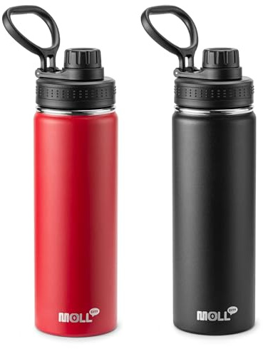 Mollcity 22 oz Water Bottle | 2 Pack Stainless Steel Vacuum Insulated Water Bottle Wide Mouth Sports Flask with Leakproof Spout Lid (Canyon Red-Black)