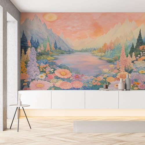 Gaqinhh Paysage Jungle Aquarelle Papier Peint Panoramique 400 x 280 cm (L x H) Motif Floral Rivière Salon Canapé Chambre Fond Décoration Murale Orange-rouge Papier Peint Panoramique 3D