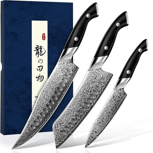 DRAGON RIOT Damastmesser-Set, 3-teilig Japanisches Damast-Küchenmesser-Set, Ultrascharfes Kochmesser-Set mit G10-Griff Geschenkbox