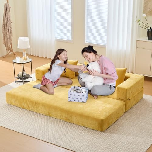 ZIDEY Schlafsofa 3-Sitzer, Modulares Sofa mit Schlaffunktion, Bettsofa ausziehbar mit Seitentaschen und 3 Kissen, Schlafcouch, Klappsofa, Kompressionssofa Für Wohnzimmer & Schlafzimmer, Senfgelb