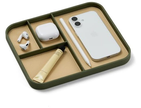 Nordik Leather Valet Tray - Medium EDC Tray - Moss Green 24 x 20 cm | Premium Vegan Leather with Two-Toned Design, With Four Compartments, Nightstand & Catchall Tray for Keys Watch and Jewellery